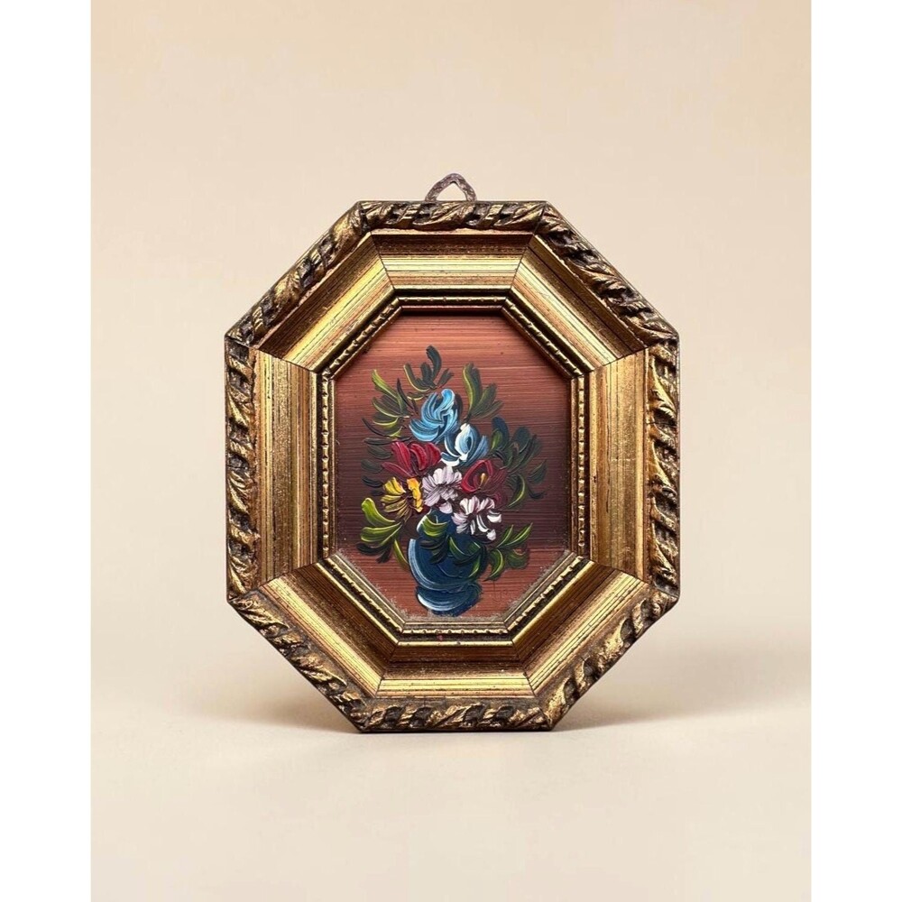 Vintage Miniature Floral Oil Painting in Octagonal Gilt Frame
